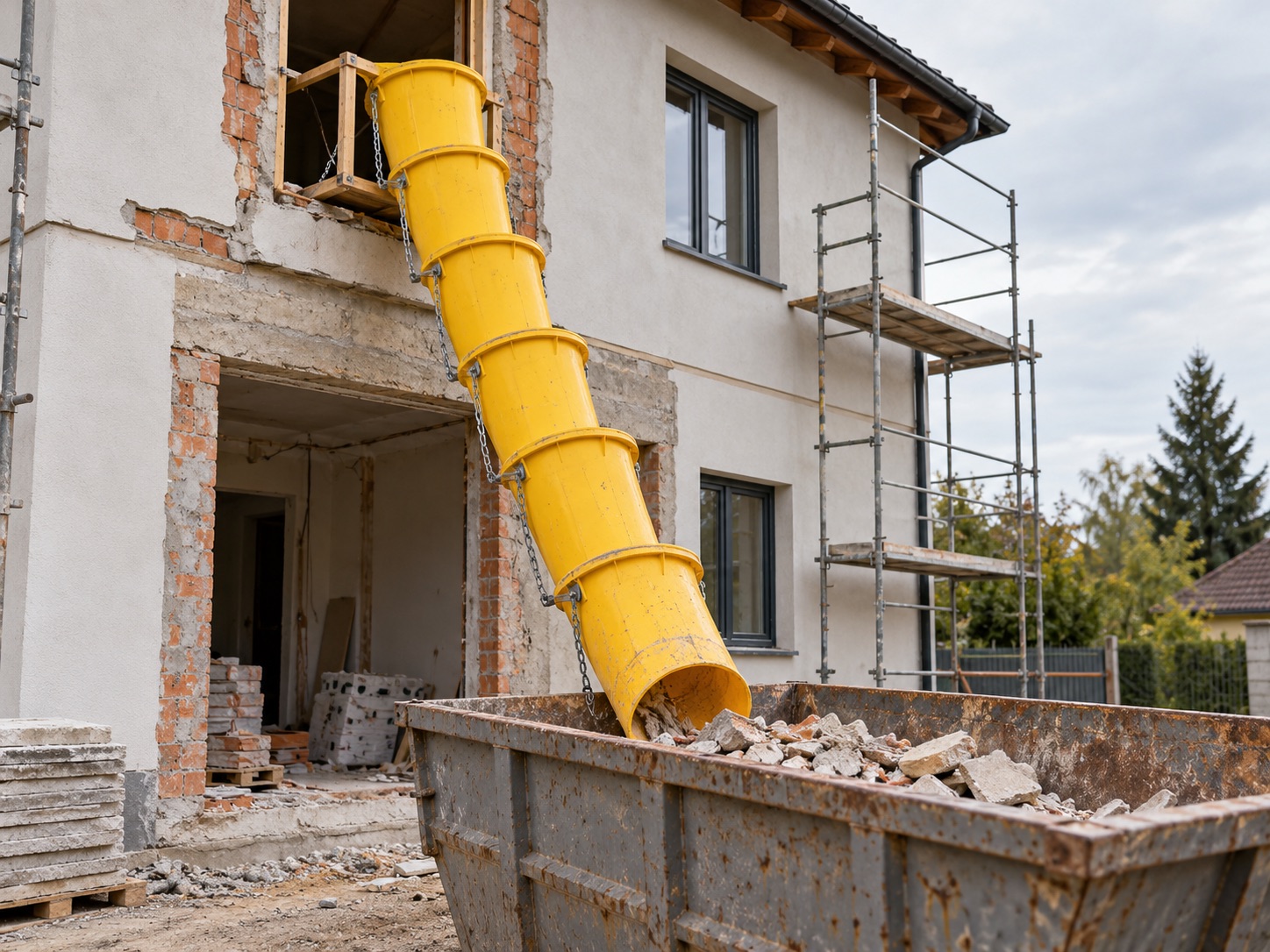 Žluté shozy vedoucí stavební suť z patra přímo do kontejneru