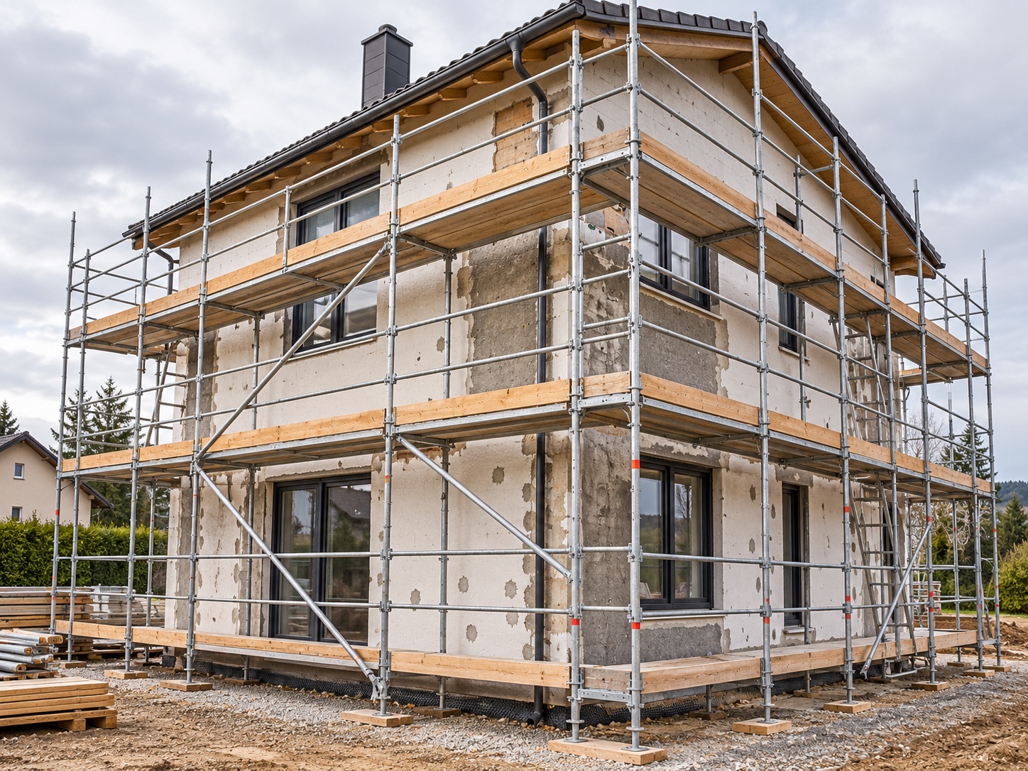 Modulové lešení sestavené kolem rodinného domu